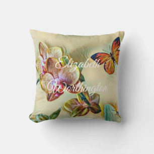 Vintage Vattenfärgsfärgad Rosa Gult Orchid Flowers Kudde
