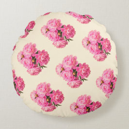 Vintage Vattenfärgsfärgning Rosa Peonies Blommigt Rund Kudde