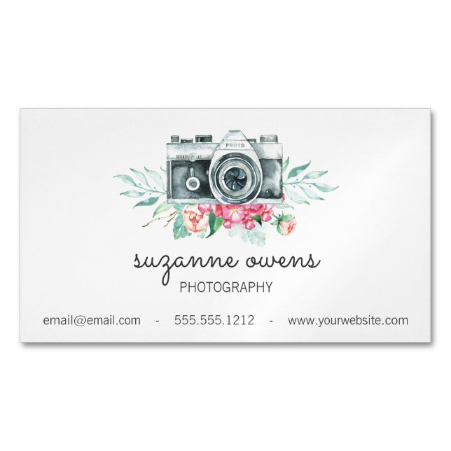 Vintage Vattenfärgskamera och blommor, magnet (Framsida)