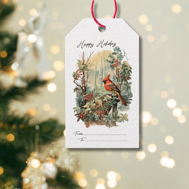 vintage, vattenfärgsskogar, rödsparv, julmassa presentetikett (WATERCOLOR CHRISTMAS GIFT TAG)