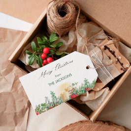 Vintage Vattenfärgstearinljus och grön jul Presentetikett