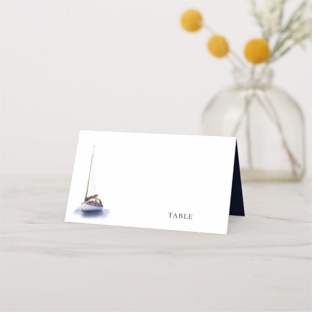 Vintage Vattenskärg Segelbåt Blått Bröllop Placeringskort (Framsida)
