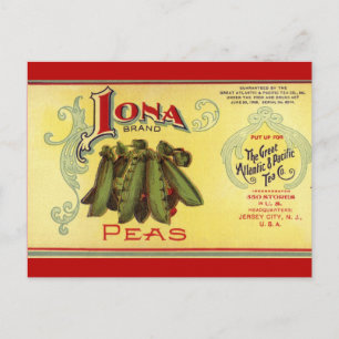 Vintage Vegetable Can Label Art, Iona Brand Peas Vykort