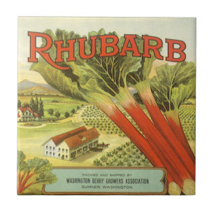 Vintage Vegetable Can Label Art, Rhubarb Farm Kakelplatta