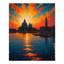 Vintage Venedig Solnedgång Oljemålning Konst