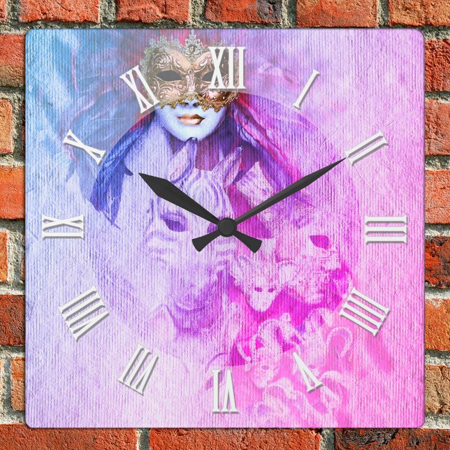 Vintage Venetian Mask Art, karnivaldans, Italien Fyrkantig Klocka (Skapare uppladdad)