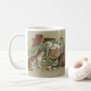 Vintage Victoranska Kattungar som LeKer i Sybasket Kaffemugg