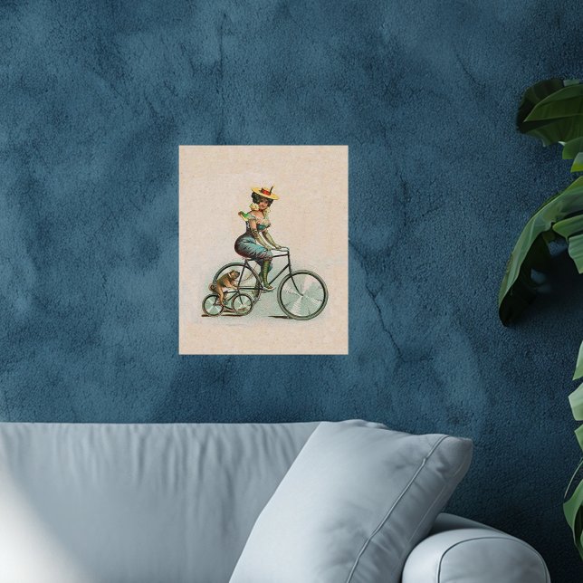 Vintage Victoria-lady hundcykel Poster (Victorian lady on bicyle riding with bulldog on bicycle on tan art wall poster.)