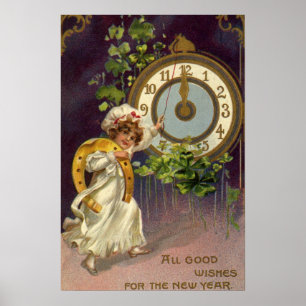 Vintage Victoria nyårsafton, klockan vid midnatt Poster