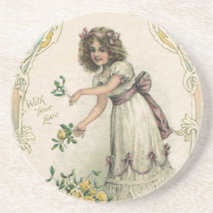 Vintage Victorian Alla hjärtans dag, flicka med Ro Underlägg Sandsten