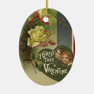 Vintage Victorian Alla hjärtans dag, flickor och R Julgransprydnad Keramik