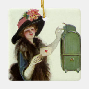 Vintage Victorian Alla hjärtans dag Kvinna Kärleks Julgransprydnad Keramik