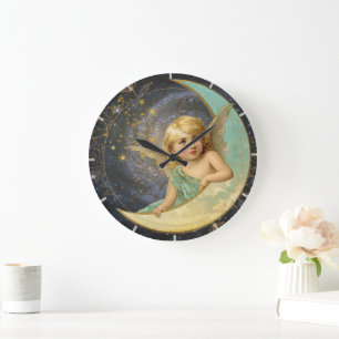 Vintage Victorian Angel Collage Galaxy Blue+Guld Stor Klocka