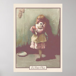 Vintage Victorian Art Söt Girl Girl with Kitten Poster
