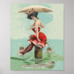 Vintage Victorian Bathing Beauty Dam Ocean Poster