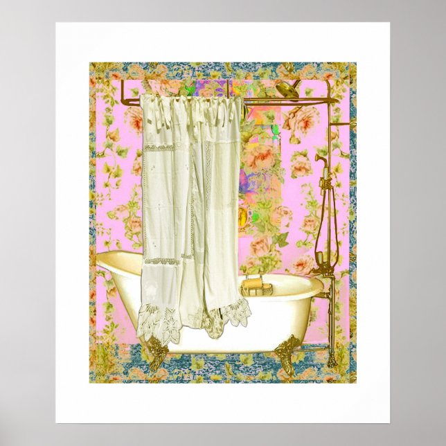 Vintage Victorian Bathtub Brass Fixtures Pink  Poster (Framsidan)