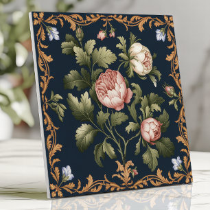 Vintage Victorian Blommigt Damask Peonies Navy Blu Kakelplatta
