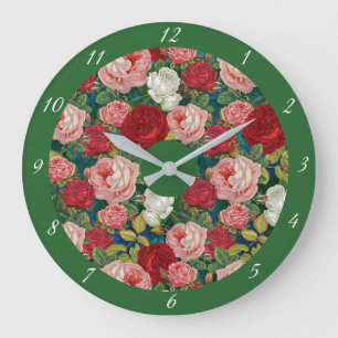 Vintage Victorian Blommigt Ro Red Rosa Grönt Stor Klocka