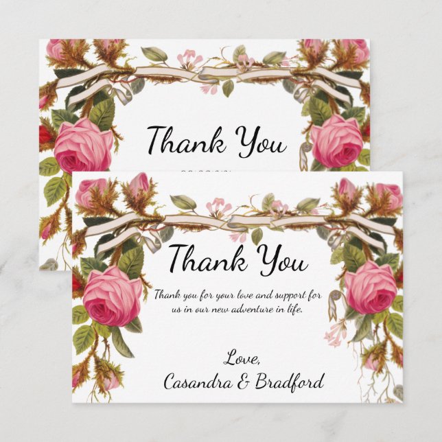 Vintage Victorian Blommigt Rosa ros Bröllop Tack Kort (Fram/baksida)