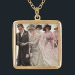 Vintage Victorian Bröllop Ceremony Bride and Groom Guldpläterat Halsband<br><div class="desc">Vintage illustrerar kärlek och romantik Victorias ceremonibild i bröllop med gifta sig brud och groom. De nya lykarna knäböjer på en kudde och brudtärnorna bär hattar i elegant finare med fjädrar och håller blombuketter. Artist: Harrison Fisher,  titeln Bröllop.</div>