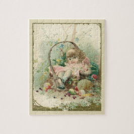 Vintage Victorian Child, Girl Vår Fruit Basket Pussel