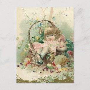 Vintage Victorian Child, Girl Vår Fruit Basket Vykort