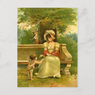 Vintage Victorian Cupid Flowers Woman Valentine Helg Vykort