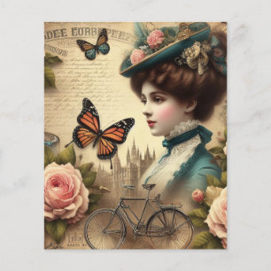 Vintage Victorian Dam och Bicycle Blommigt Collage