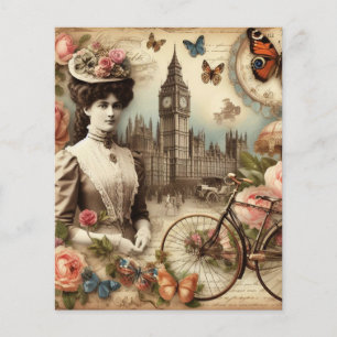 Vintage Victorian Dam och Bicycle Blommigt Collage