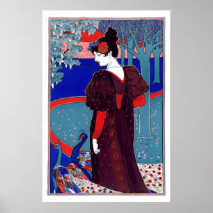 Vintage Victorian Era Art Nouveau Kvinna & Påfågla Poster
