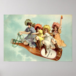Vintage Victorian Era Kvinnor i Champagne Flaska Poster