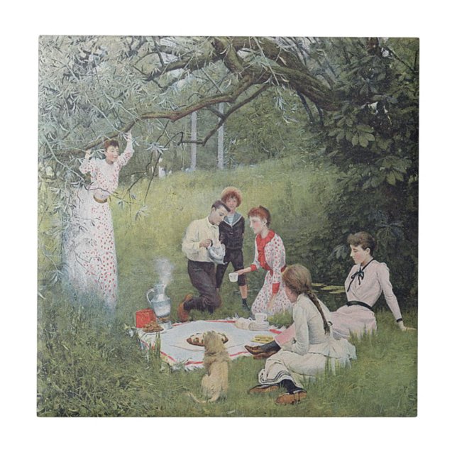 Vintage Victorian Family Picnic Skogen Kakelplatta (Framsidan)