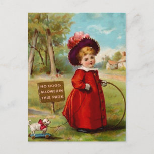 VINTAGE VICTORIAN GIRL DOG WALKER POSTCARD VYKORT