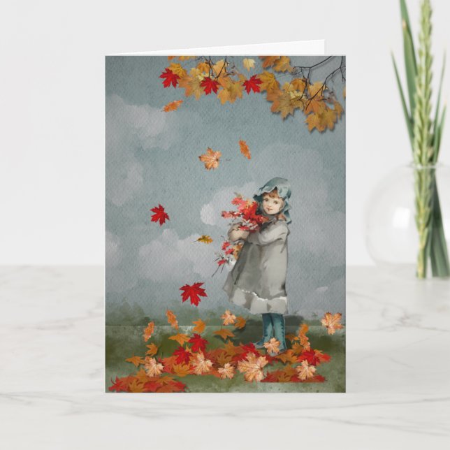 Vintage Victorian Girl Holding Fall Leaves Card Kort (Framsida)