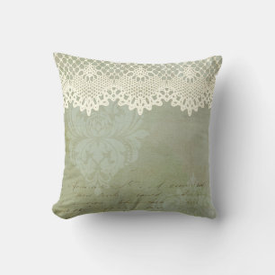 Vintage Victorian Grönt Faded Damask Faux Snöre Kudde