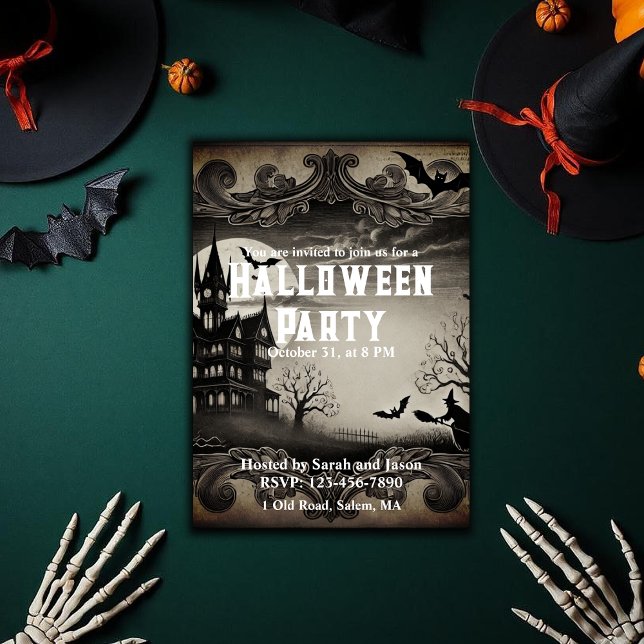 Vintage Victorian Haunted House Halloween fest Inbjudningar (Vintage Victorian Haunted House Halloween Party Invitation)
