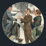 Vintage Victorian Julgaffelmansleverans Runt Klistermärke<br><div class="desc">Vintage illustration Viktoriansk julbild med en brevbärare som levererar paket till ett lycklig-par och deras hund,  speciell leverans.</div>