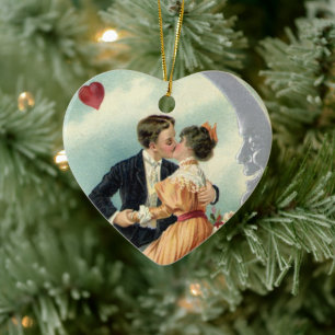 Vintage Victorian Kiss på Crescent Måne Julgransprydnad Keramik