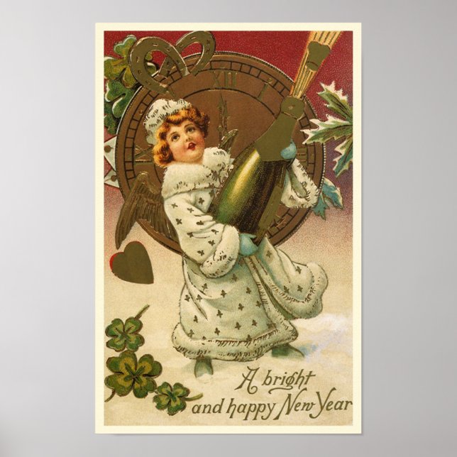 Vintage Victorian Nyårsafton Champagne Angel Poster (Framsidan)