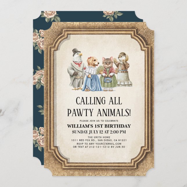 Vintage Victorian Pawty Animals Boy Birthday Inbjudningar (Fram/baksida)