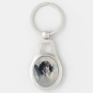 Vintage Victorian Photo Angel Ovalt Silverfärgad Nyckelring