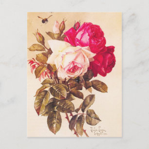 Vintage Victorian Romantic Red and Rosa ros Vykort