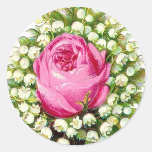 Vintage Victorian Rosa ros och Lily i dalen Runt Klistermärke