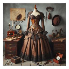 Vintage Victorian Steampunk Dam Detektiv Dress Fototryck