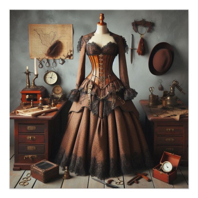 Vintage Victorian Steampunk Dam Detektiv Dress Fototryck (Framsidan)