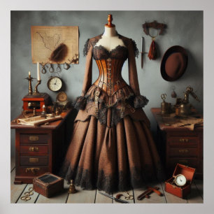 Vintage Victorian Steampunk Dam Detektiv Dress Poster