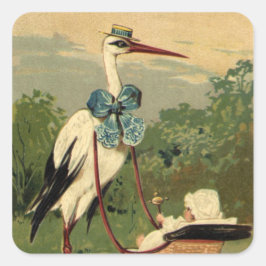 Vintage Victorian Stork och Baby Carriage Fyrkantigt Klistermärke