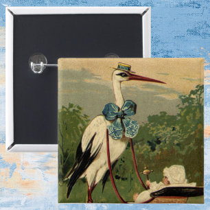 Vintage Victorian Stork och Baby Carriage Knapp