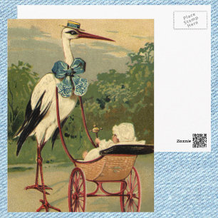 Vintage Victorian Stork och Baby Carriage Vykort