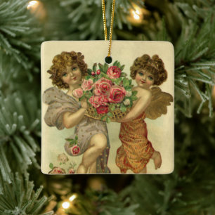 Vintage Victorian Valentine Day, Änglar Ro Julgransprydnad Keramik